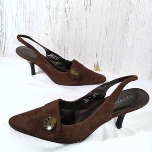 Apostrophe brown suede pointed slingback heels